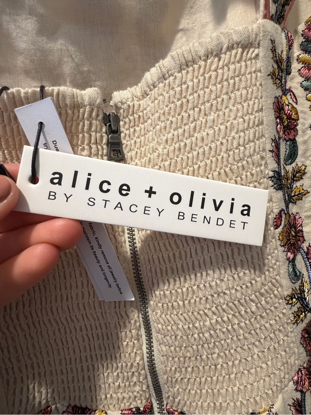 NWT Alice + Olivia Off-White Textured Midi Dress with Floral Multi Accents - Picture 4 of 6